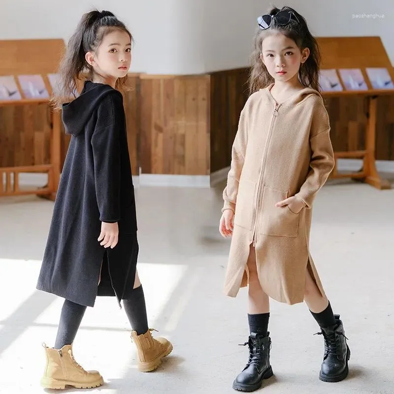 Girl Dresses Girls 2024 Autumn And Winter Knitting Dress Korean Style Children Clothing Kids Hooded Sweater Leisure Sports #7501