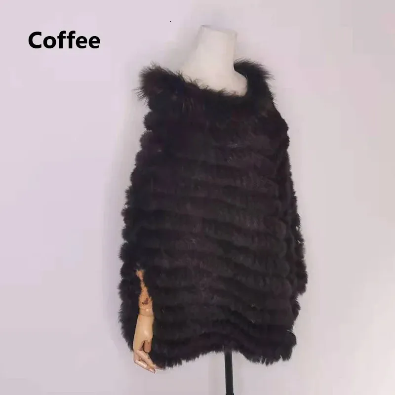 Women Rabbit Fur Raccoon Fur Poncho Sticked Pullover Cape Real Fur Knitting Wraps Shawl Big Shawl 240113