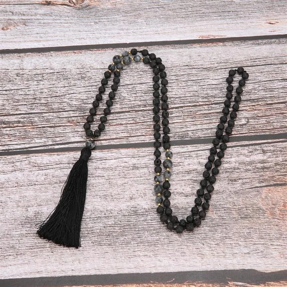 Mala pärlor 6mm vulkanisk sten knuten meditation semi-tidigare smycken män och kvinnor charm halsband hängande svart tofs hänge n328r