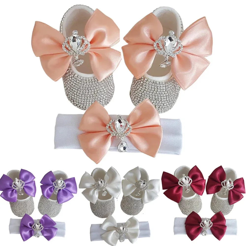 Luxury Baby Girl Shoes Crown Bows Headband Set Crystal Princess born Shoes Pography Prop Toddler First Walker Baby Items 240115