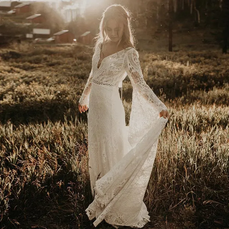 Hippie koronka bohemiana suknia ślubna długie rękawy seksowne plecy w stylu n-nutka wiejskie suknie ślubne eleganckie plażowe sukienki panny młodej 2024