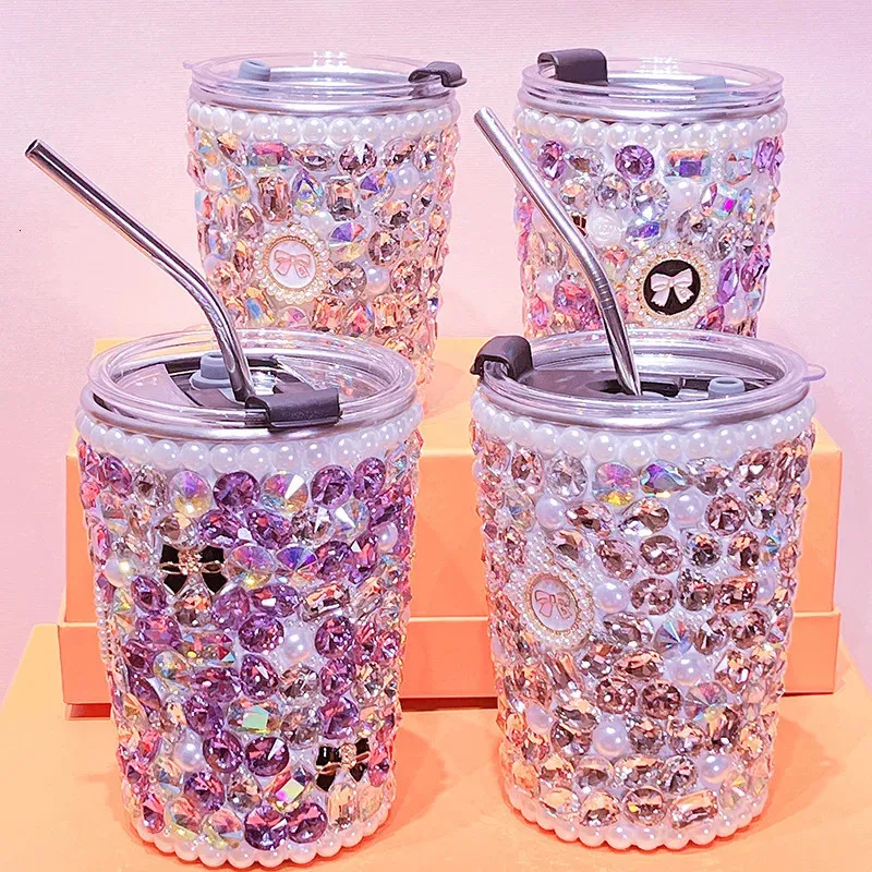 Taza de acero inoxidable con diamantes de imitación, tazas brillantes con botella de agua con pajita, tazas de café, jugo, bebida fría, vaso termo de cristal con diamantes 240115