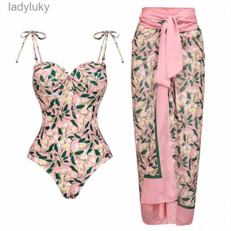 Swim Wear 2023 Manufacture Swimsuit for Women Ladies Pink Floral Print Swimwear and Cover Up One Piece High Cut Push Up Bathing SuitL240115