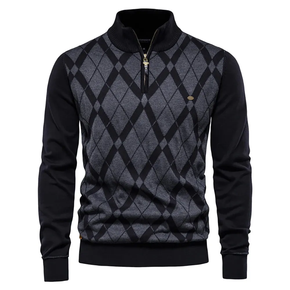 AIOPESON Argyle Men Sweaters Cotton Mock Neck Zipper Patchwork Pullover Winter High Quality Fashion Warm for 240115
