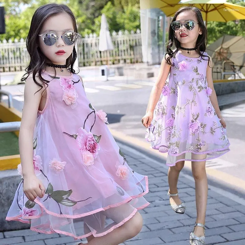 Girl Dresses Summer Girls Kids 3D Flower Sleeveless Lace Mesh Dress Baby Children Clothes Infant Party Beach Vestidos 2024