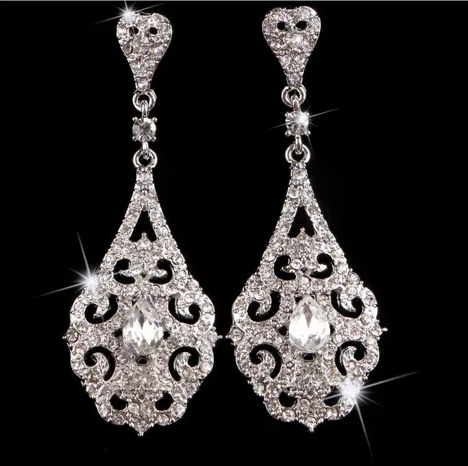 Accessoires en gros Stock 2015 pas cher transparent goutte d'eau cristaux boucles d'oreilles de mariée strass bijoux de mariage ensembles accessoires