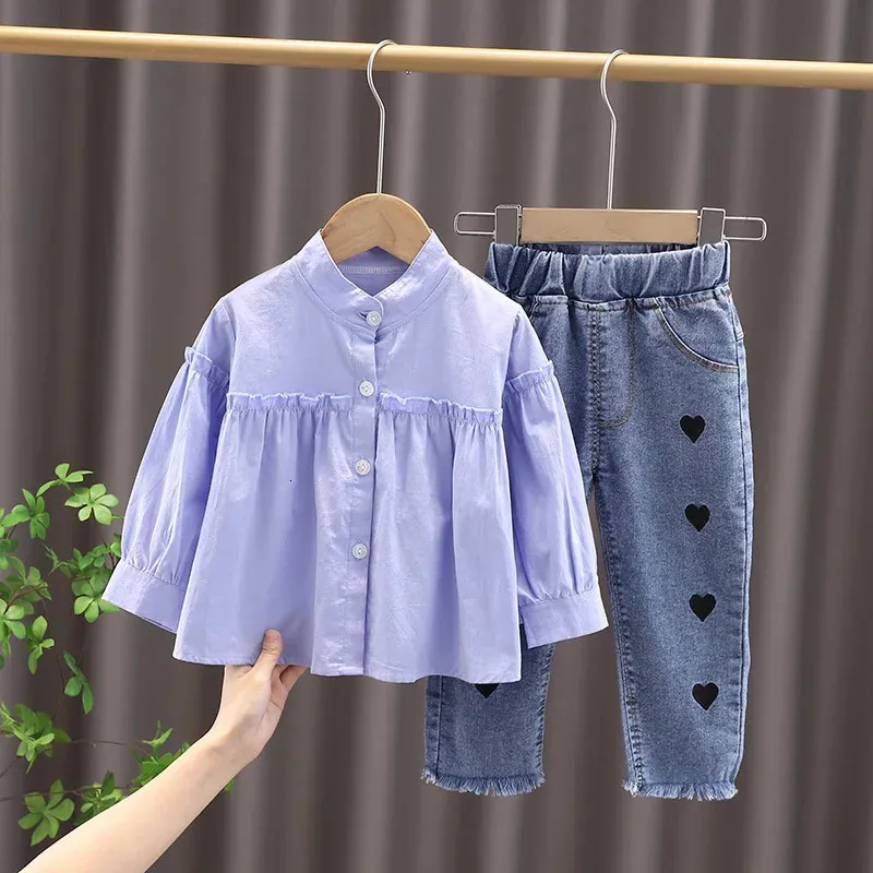Bahar Çocuk Giyim Kızlar Uzun Kollu Gömlek Kotu 2 Parça Set Kızlar Sol Pamuk Gömlek Kotu Takım 1-5 240115 Yaşlarında Kızlar İçin