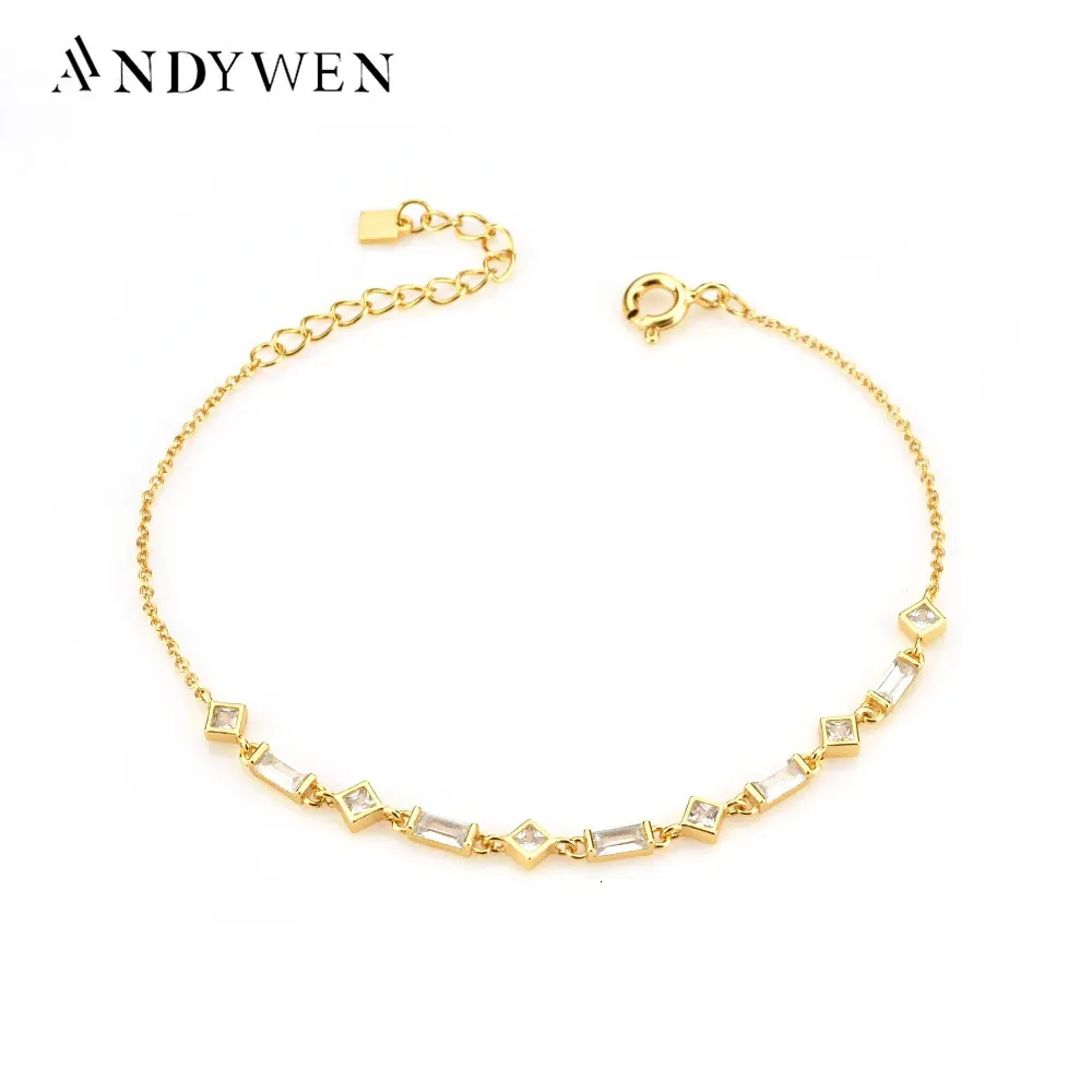 Andywen 925 스털링 실버 골드 지르콘 매력 체인 팔찌 Pulsera de Cadena Janet Cristal Oro 여성 웨딩 jewelry240115