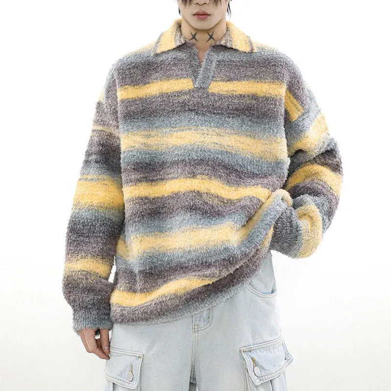 Мужские винтажные вязаные пуловеры с v-образным вырезом, свитер с длинным рукавом, роскошные полосатые топы с текстурой и лацканами, осенняя одежда премиум-класса 240113