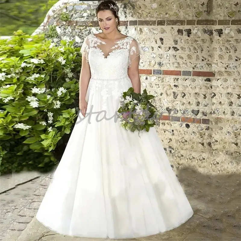 Vestido de novia con mangas de capa de talla grande, cuello transparente, línea A, vestido de novia campestre, apliques de encaje, vestidos de novia sin espalda, elegante Abiti Da Sposa Vestios De Novias