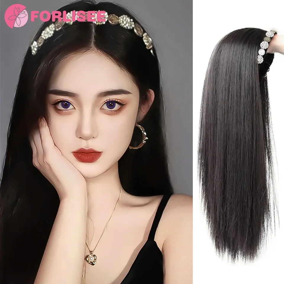 Forlisee Wig Women's Long Hair Band Band Wig U على شكل نصف غطاء طويل الشعر مستقيم على شكل شعر مستعار طبيعي Piece240115