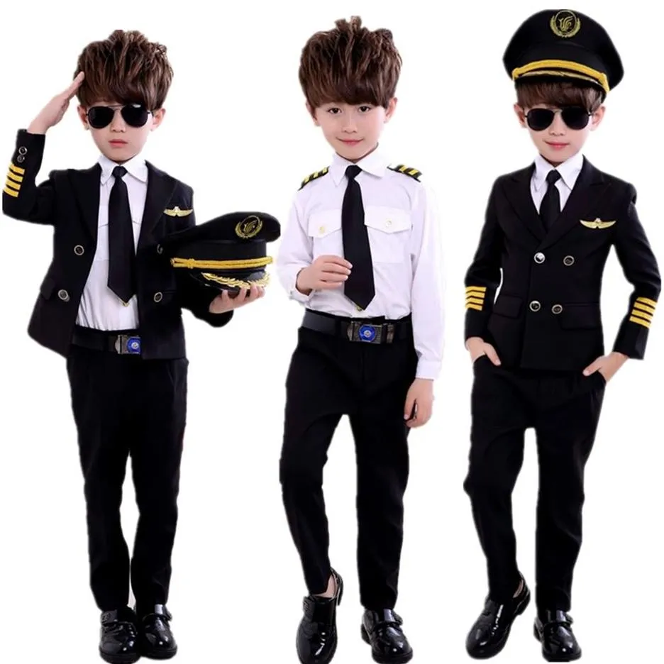 Ny mode barndag pilot uniform stewardess cosplay halloween kostymer för barn förkläde tjej pojke kapten flygplan fa334i