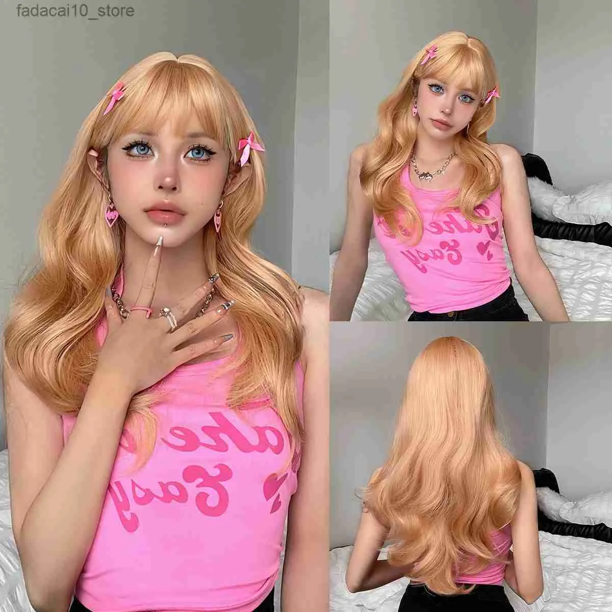 Synthetic Wigs Ginger Light Orange Synthetic Natural Hair Wig for White Women Long Wavy Cosplay Wig with Bangs High Temperature Daily Fake Hair Q240115