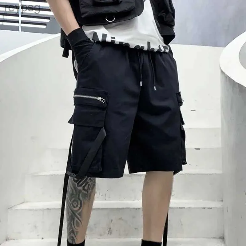 Herrbyxor Herr Black Ribbon Hip-Hop Freight Shorts Street Clothing med fickor Japanska gatukläder fjbaggy shorts 2023 yq240115