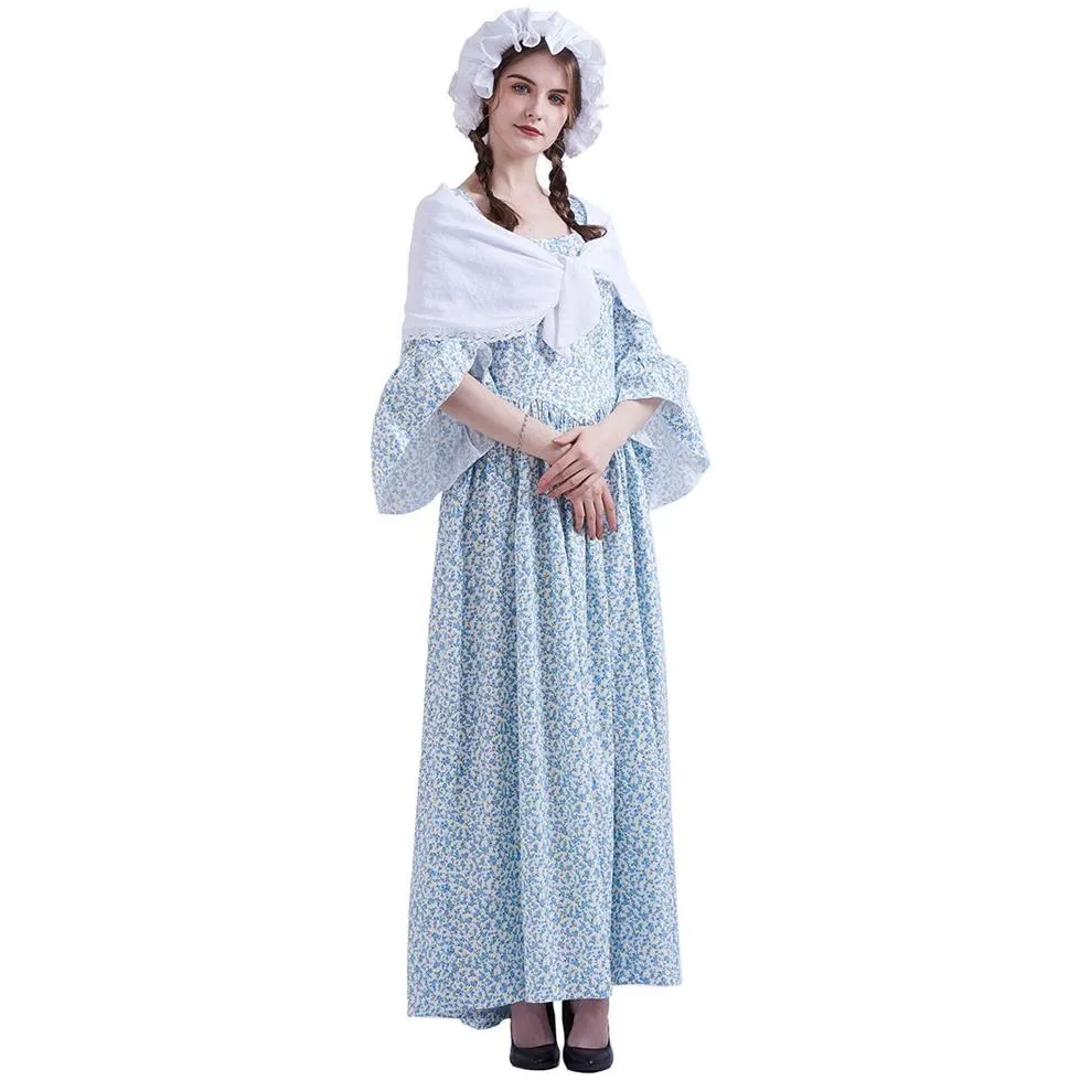 中世のルネッサンス衣装植民地時代のパイオニア巡礼者大人ハロウィーンカーニバルパーティーウーマンフローラルドレスとボンネット服を着たイエロー225H