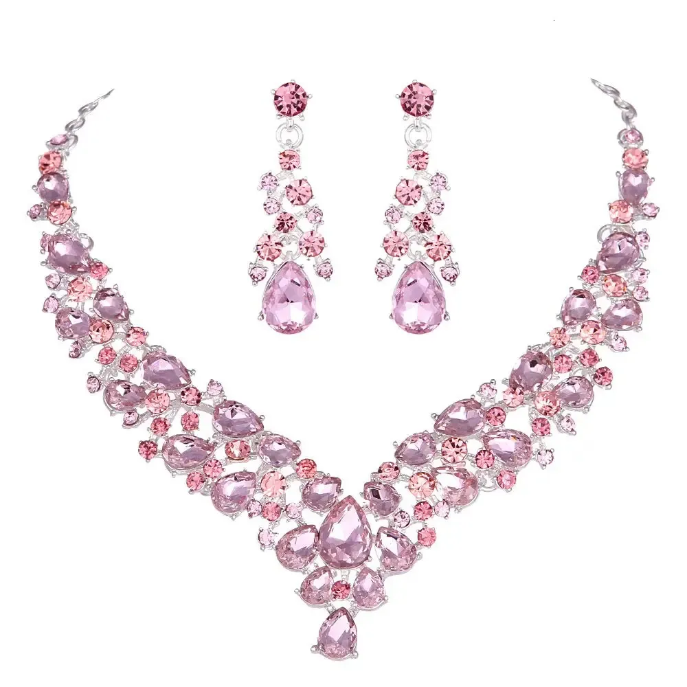 Crystal Pink Bridal Jewelry Sets Teardrop Shape Wedding Necklace Earrings African Fashion Party Jewelry Sets Accessories 8 color 240115