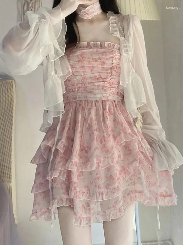 Casual Dresses Summer Lace Floral Fairy Dress Women Korean Fashion Strap Sexy Party Mini Female Designer Ruffle Flounce Sweet 2024