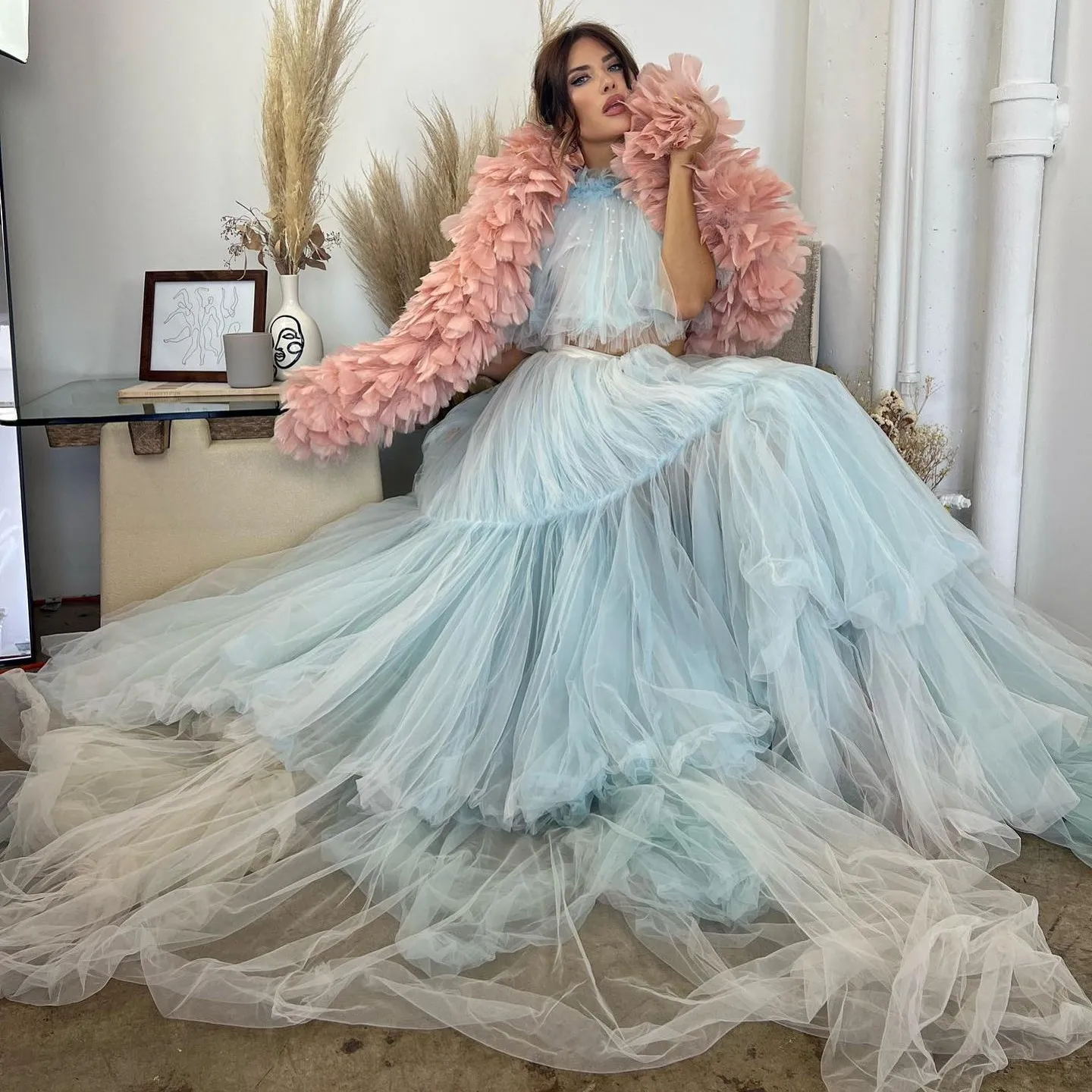 Plusieurs couches 2 pièces robes de bal bleu ciel et blanc robe maxi bouffante 2024 col de bijou avec perles une ligne longue robes de soirée de bal