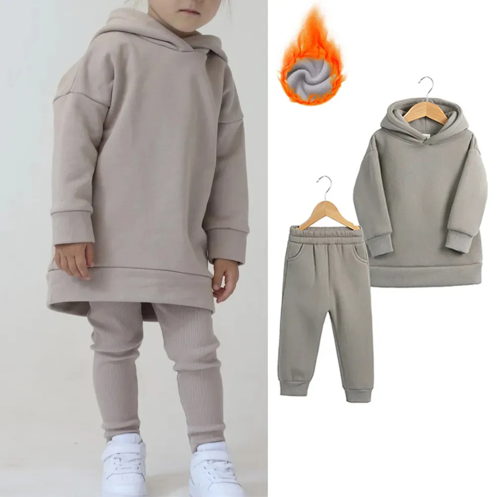 2 stücke Jungen Mädchen kinder Fleece Kleidung Outwear Sets Herbst Winter Kinder Mit Kapuze Sweatshirt Trainingsanzug Sportwear Anzug Für 2-12Y 240115