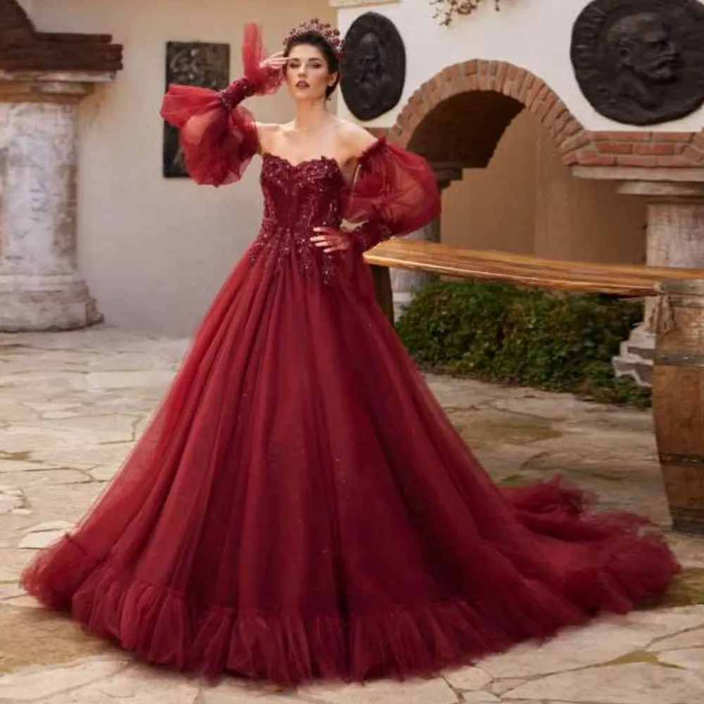 Dark Red Princess Evening Gown - Detachable Sleeves, Sweetheart Beaded  Celebrity Dress, Ruffles Tulle Train, Formal Gowns from Dhgate Evening  Dresses - price 319.21