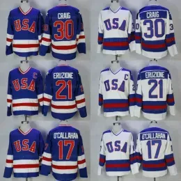 Hockey Jerseys 30 Jim Craig 21 Mike Eruzione 17 Jack O'Callahan 1980 USA Hockey Jersey Movie Stitched White Blue S-3XL Custom Name Number