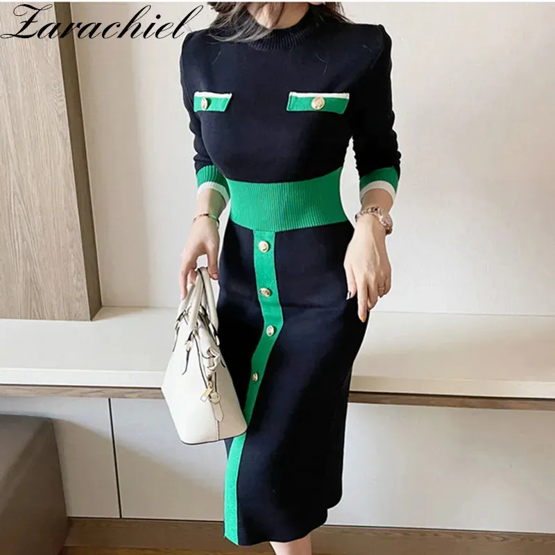 Herbst Winter Koreanische Kontrast Farbe Pullover Kleid Frauen Elegante Lange Hülse Tasten Deco Dünne Gestrickte Bodycon Midi Vestidos 240113