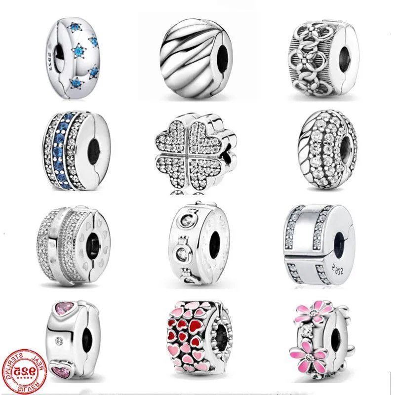 925 Sterling Silver Charms Trèfle Pierre Cilp Positionnement Boucle Charme Perles Original Fit Bracelet Fabrication de Bijoux DIY Cadeau Mskvt