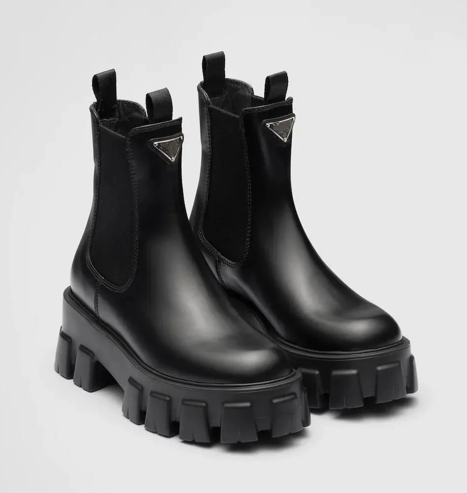 Winter Monolith Kampfstiefel aus gebürstetem Leder und Nylon mit klobiger Profilsohle, Damen-Stiefeletten, Plateausohlen, hochwertige Markenschuhe