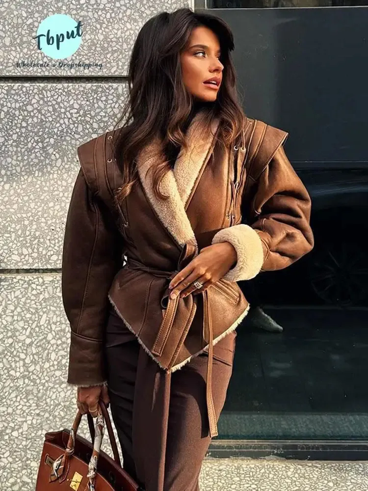 Модная куртка на шнуровке из овечьей шерсти для женщин, повседневное тонкое пальто с отложным воротником и длинными рукавами, женское винтажное уличное пальто 240115