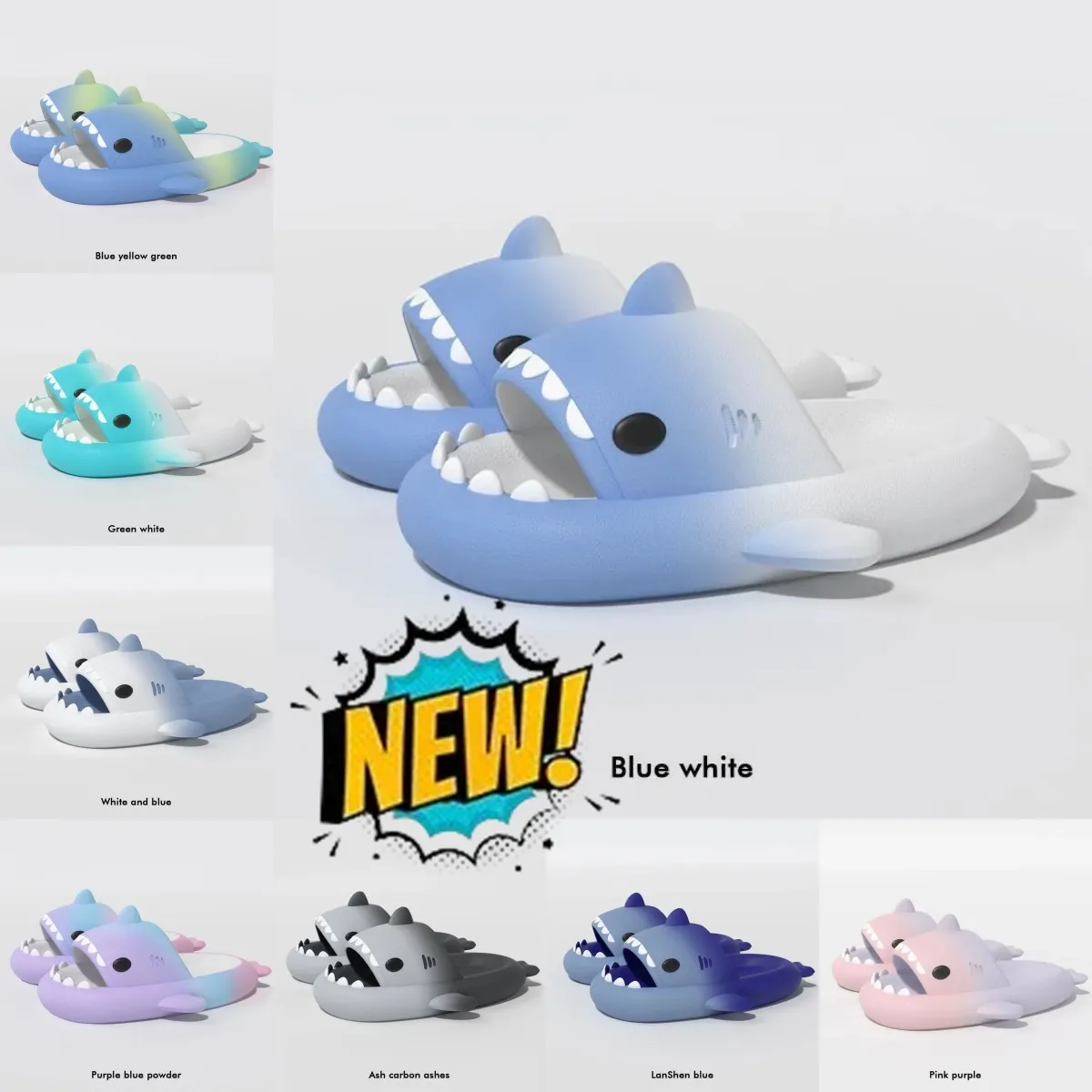 Slippare sommar 2024 Designer Shark Sliders Män Kvinnor barn glider rosa blå grå minnesskum sandaler mjuk tjock kudde toffel moln glid inomhus utomhus gai 44378