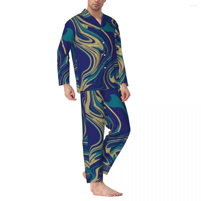 Heren Nachtkleding Tie Dye Marmeren Pyjama Mannen Vloeibare Print Mooie Slaap Lente 2 Stuks Casual Oversize Ontwerp Pyjama Sets