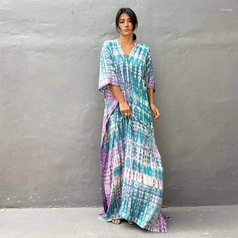 パーティードレスFlordevida Tie Dye Dress Women Summer Rayon Long Maxi Bali Beach Cover UPSホリデーリゾートウェアバスプルオーバーローブカフタン