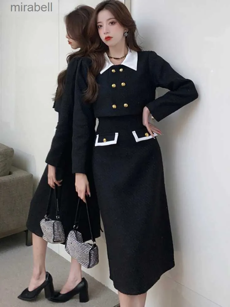 Grundlegende Freizeitkleider Neue Vintage Kurze Blazer Kleid Anzüge Frauen Tweed Mantel + Schlanke Midi Kleider Zwei Stück Set Damen Outfits Büro Dame YQ240115