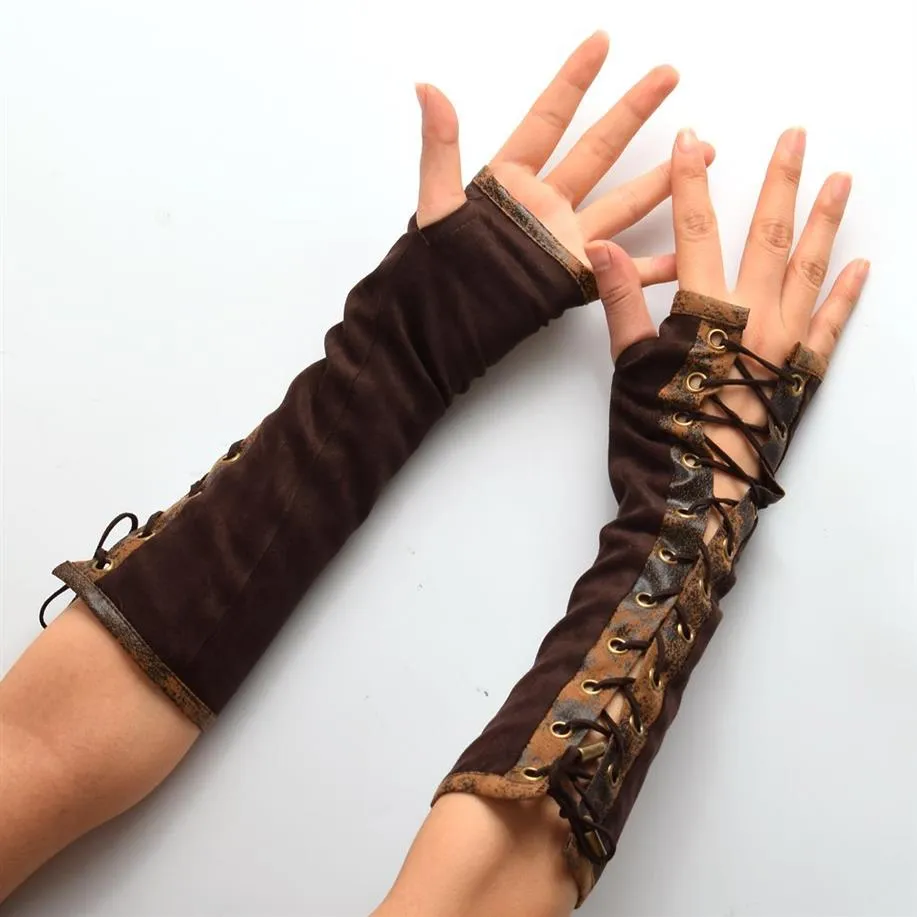 1pair Women Steampunk Lolita Armbands HAND CUFF Vintage Victorian Tie-Up Brown Mittens Gloves Cosplay Accessories New299F