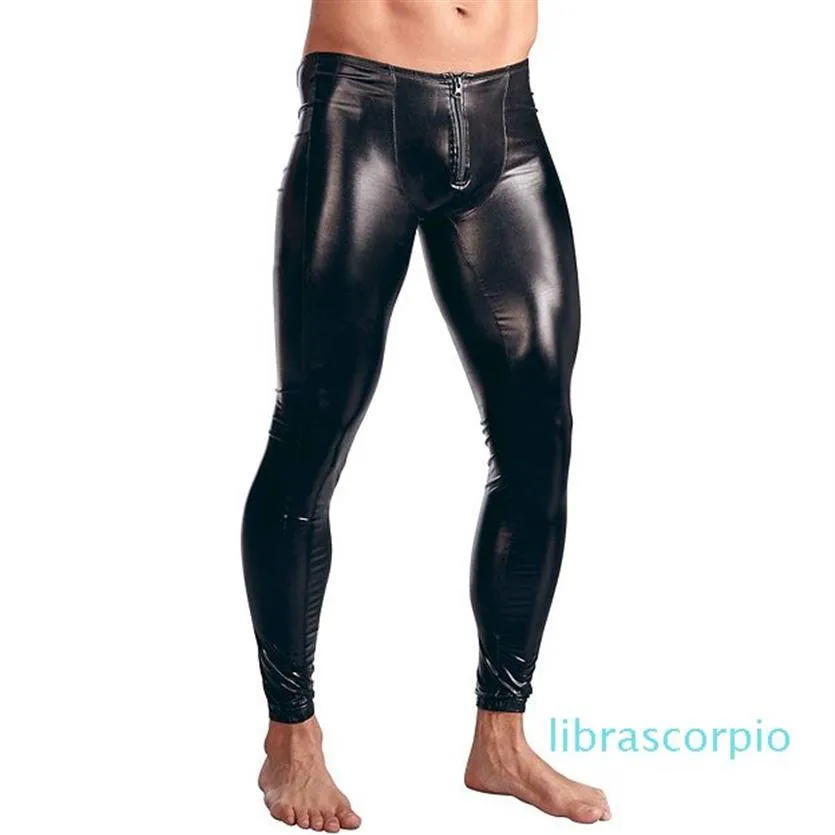 Mens Patent Leather Pants Zipper Bulge Pouch Tight Shinny Leggings Trousers Underwear Clubwear Party Sexy Leotard Costumes XM01153D
