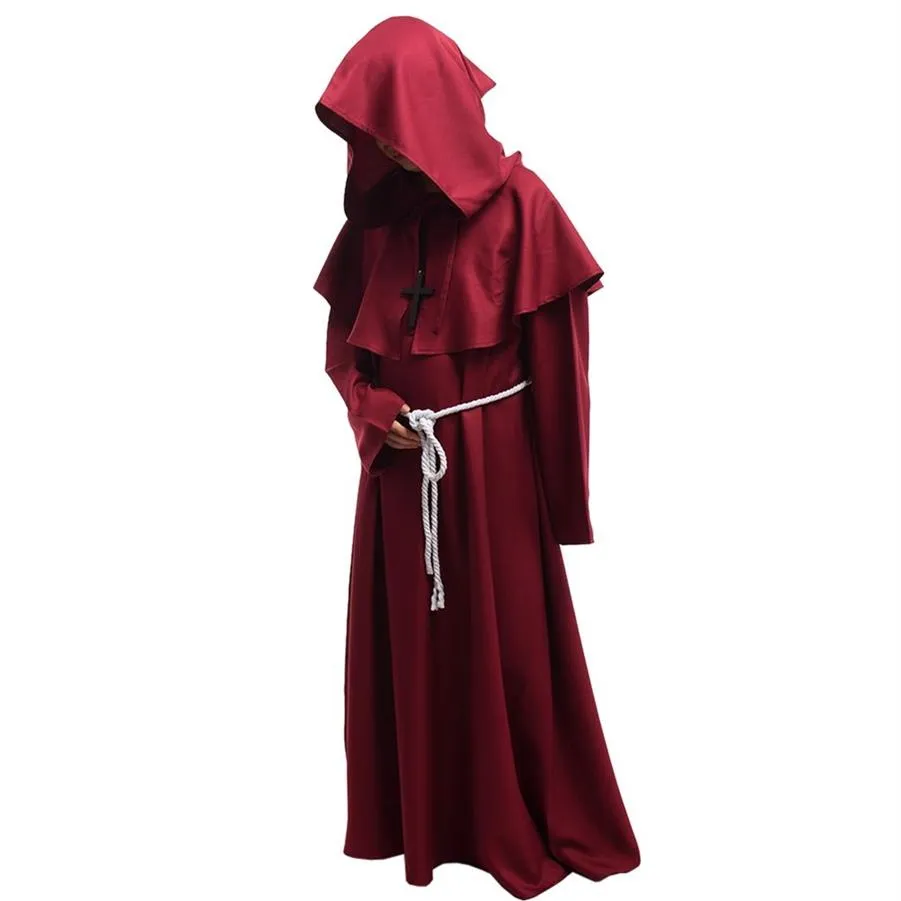 Nuovo Abito medievale unisex Abito vintage con cappuccio e cappuccio Frate Halloween Fancy Cosplay Sacerdote Monaco Mantello Costume Nero Marrone Borgogna258Z