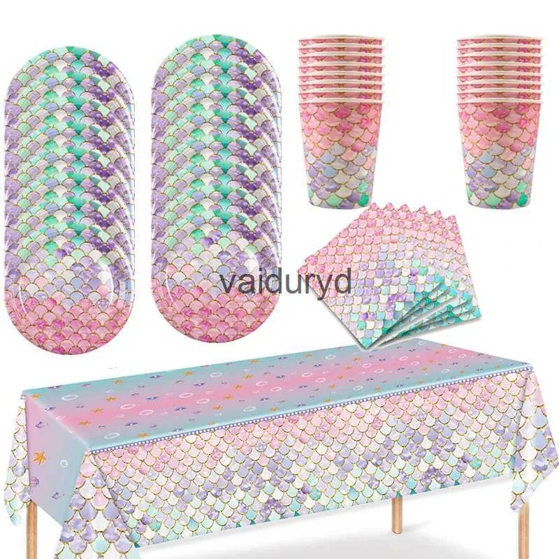 Louça descartável sereia conjunto de talheres descartáveis pequena sereia placas de papel copo guardanapo toalha de mesa menina sereia festa de aniversário decoraçãovaiduryd