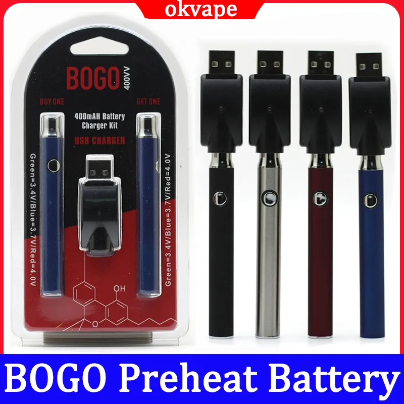 BOGO Preheat Battery Vape 400mah Voltage Adjustable Double Batteries With USB Charger Blister Kit For 510 Thread Pen