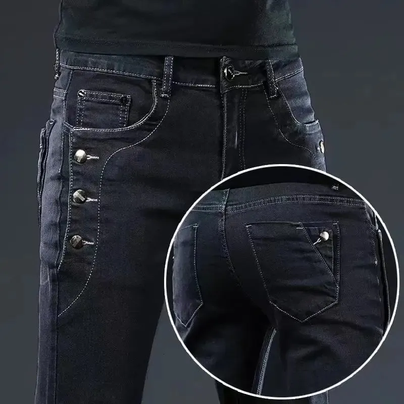 Märke ankomster jeans män bomull casual manlig denim byxor rak stretch smal fit grå mager mens byxor 240113