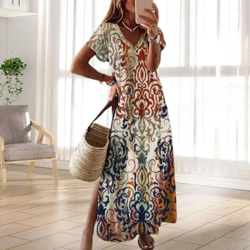 Feestjurken Dames Strandjurk Korte mouwen Losse bloemenprint V-hals Vintage Dating Zijsplit Kleurvast Maxi Vrouwelijke kleding