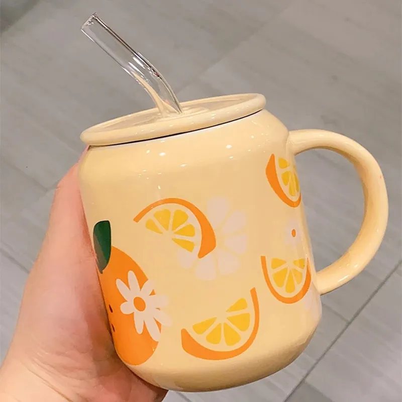Creative Cute Fruit Ceramic Mug With Lid Straw Strawberry Orange Cup Water Milk Tea Juice Bottle Porcelain Coffee Drinkware 240115