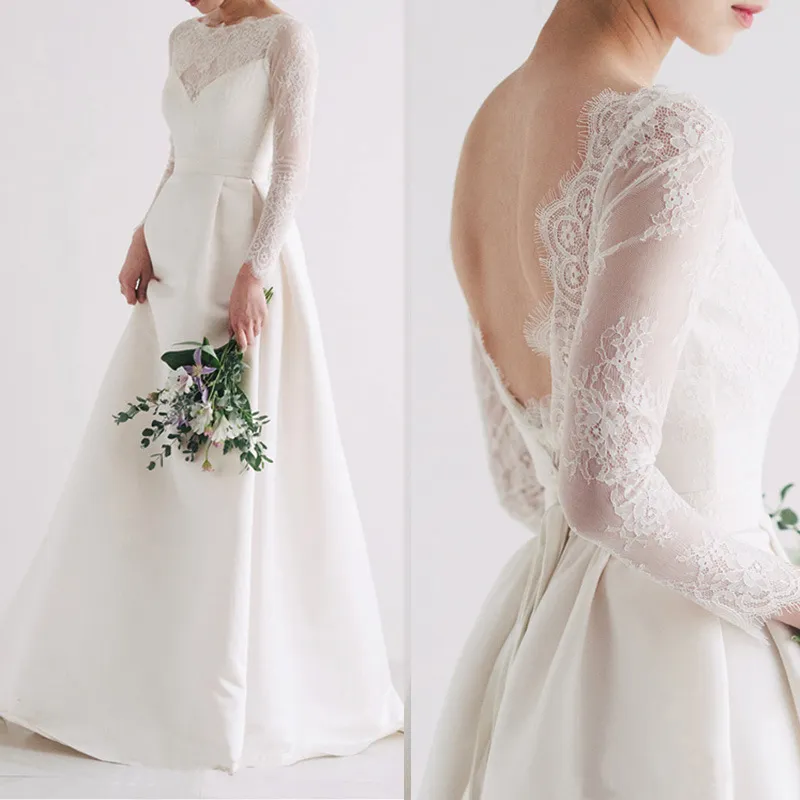 Elegancka sukienka ślubna Bride 2024 SCO SCEK Długie rękawy górne koronkowe satynowe suknie ślubne A-line boho vestidos noiva szatę de mariage