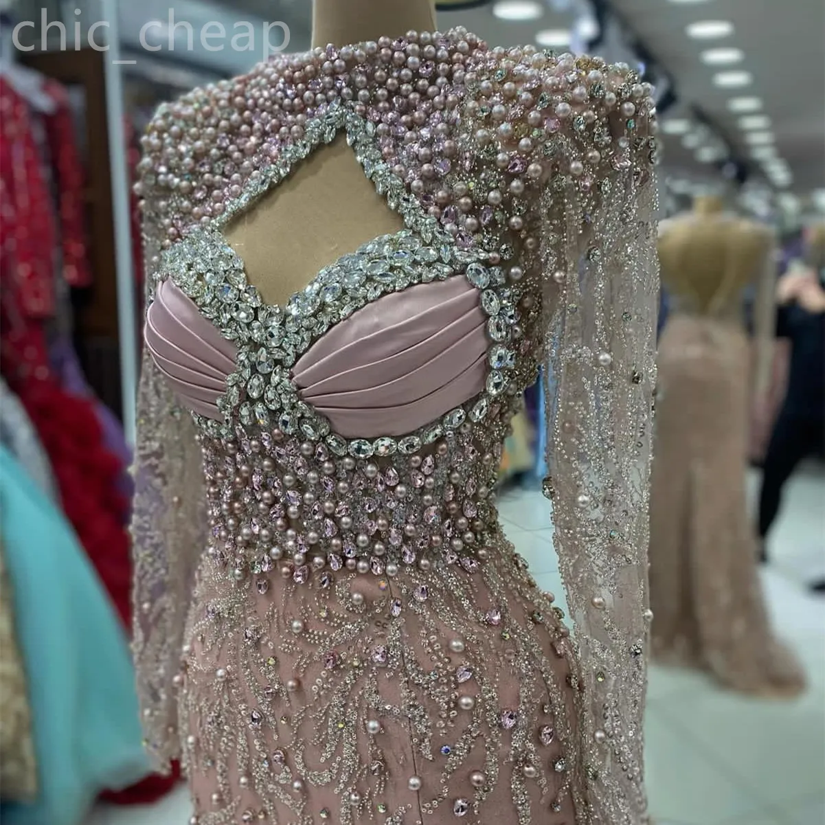 2024 Aso Ebi Blush Pink Mermaid Prom Dress Pearls Crystals High Split Evening Formal Party Second Reception Birthday Engagement Gowns Dresses Robe De Soiree ZJ45