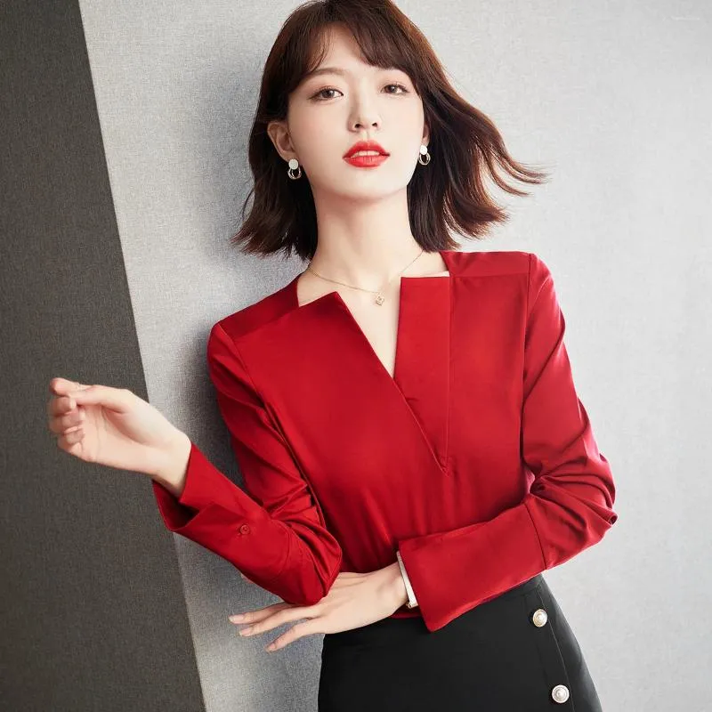 Women's Blouses French Style Long Sleeve Red Pullover Shirt Women Tops Spring Fall Elegant Chic Bussiness Casual Loose Office Lady Blouse