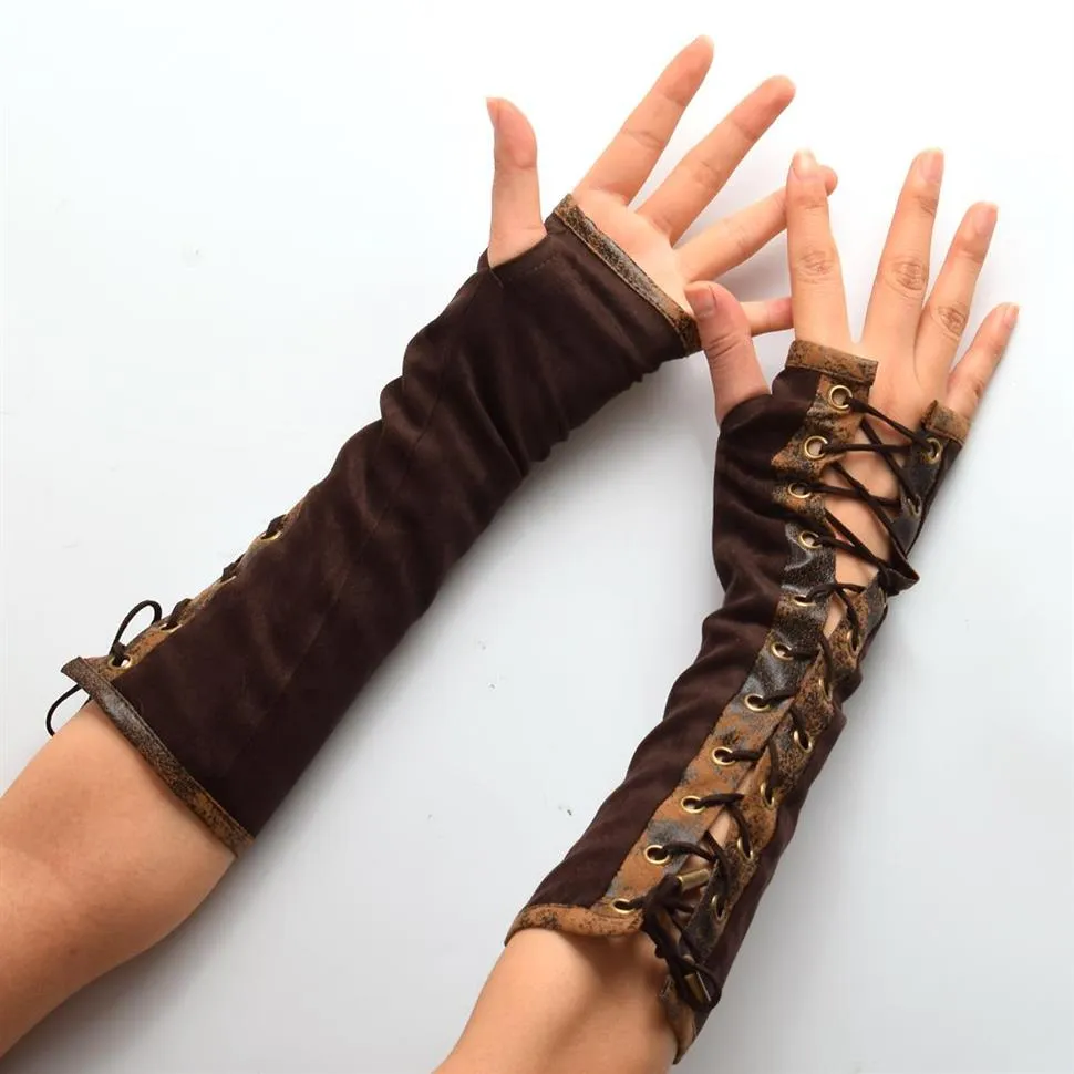 1Pair Women Steampunk Lolita Armbrants Hand Cuff Vintage Vistorian Brown Mittens bloves cosplay accessories new260n