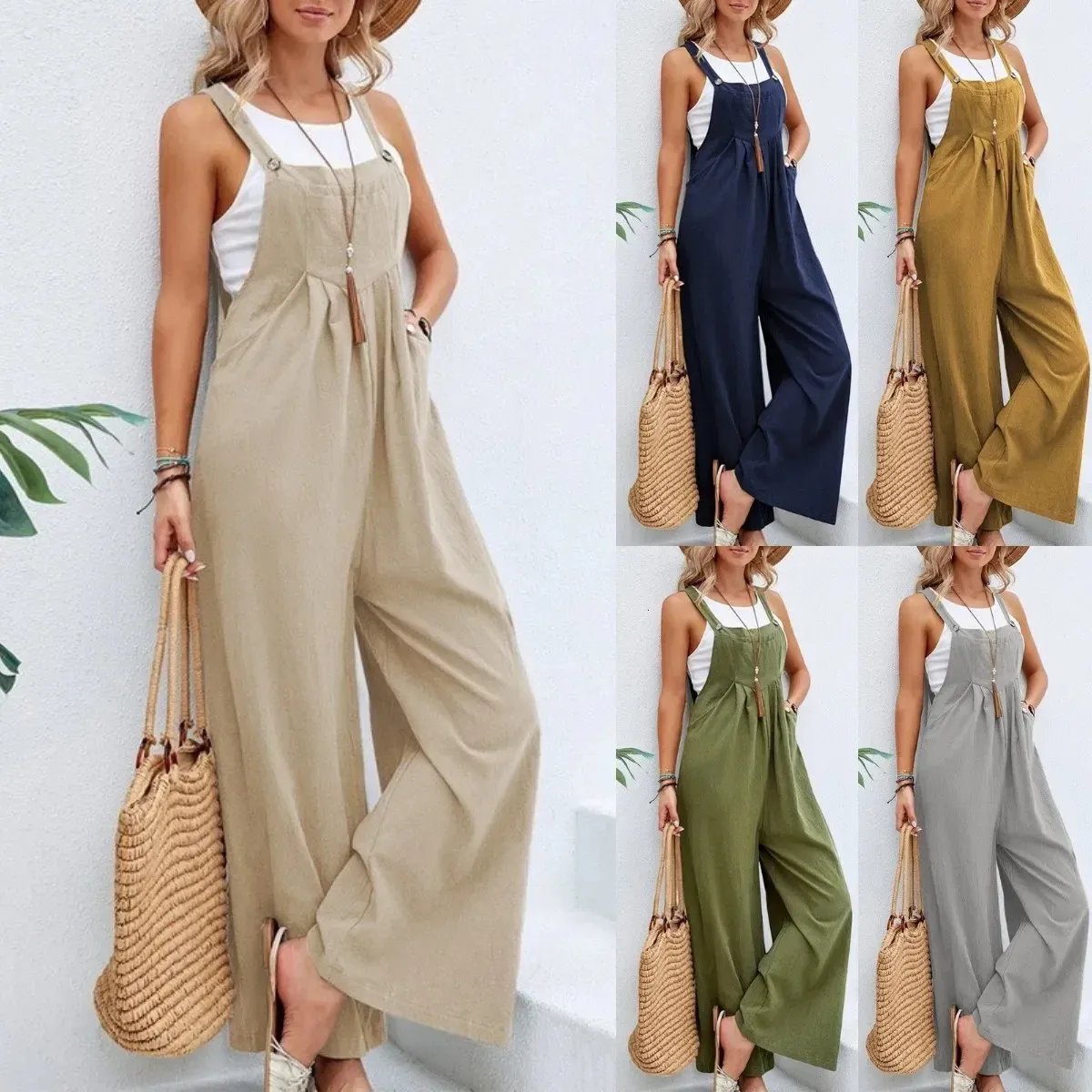 Vintage Baumwolle Leinen Overall Frauen Casual Solide Taste Breite Bein Hosenträger Hosen mit Taschen Sommer Lose Overalls Strampler 240115