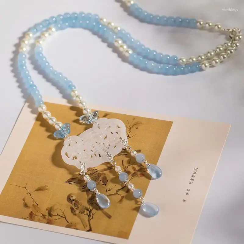 Pendant Necklaces Vintage Blue Necklace For Women Luxury Jewelry Hanfu