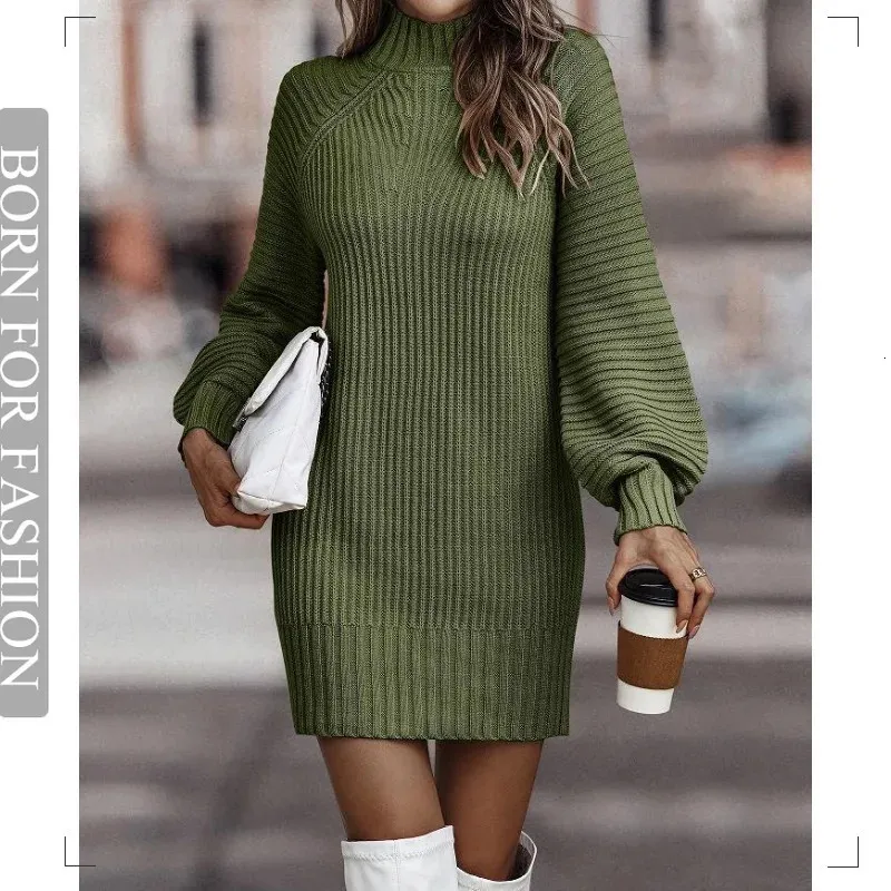 Vintage Winter Strickkleid Damen Chic Rollkragen Laterne Langarm Mini Pullover Kleider für Frauen Ankunft Kleidung 240115