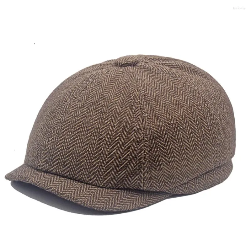 Berets Herrenhut Flache Kappe Klassische Tweed-Streifen-Baskenmütze Fischgrätenmuster Sboy-Malerhüte Winter verdicken nach vorne