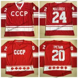 Vintage Customize 1980 CCCP Russia Hockey Jerseys 24 Sergei Makarov 20 Vladislav Tretiak Home Red Stitched Hockey Shirts M-XXXL